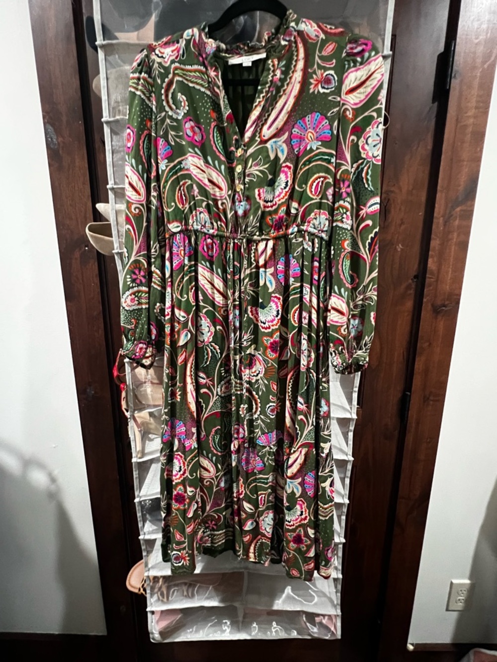 Women's Olive Green Bright Pink Paisley Long Sleeve Midi Dress